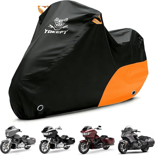 Motorcycle Cover Waterproof All Season Outdoor Protection, Fits up to 104 Inch, Compatible with Cruisers & Touring Models, with Locking Holes & Reflective Strips (Black&Orange)