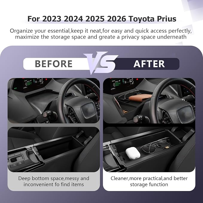 LUWU 2025 2026 Prius Accessories for 2023 2024 2025 2026 Toyota Prius LE/XLE/Limited/Nightshade Dashboard Storage Tray, Center Console Organizer Armrest Console Tray Storage Box Black 2-Pack
