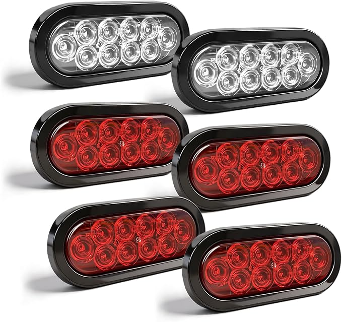 6" Oval LED Trailer Lights, Red & White 6 Pack, 12V | 6-inch oval, 4 red + 2 white, IP65 waterproof, 3-wire plug-and-play, stop/turn/tail, high brightness