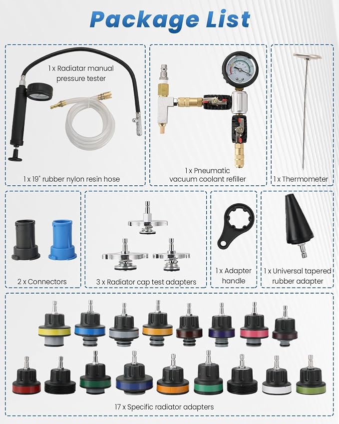ATPEAM 28pcs Universal Radiator Pressure Tester Coolant Pressure Tester and Vacuum Refill Kit for Automotive Cooling System Water Tank Leakage Detection
