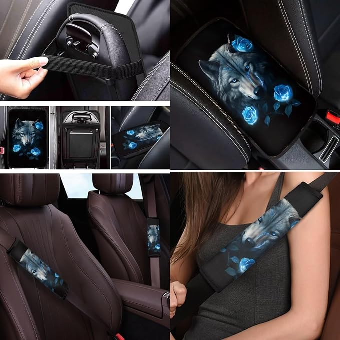Mumeson Blue Rose Wolf Womens Car Front Seat and Rear Bench Covers Car Seat Covers with 15 Inches Steering Wheel Cover + Seat Belt Shoulder Pads + Car Soft Armrest Cushion Pad
