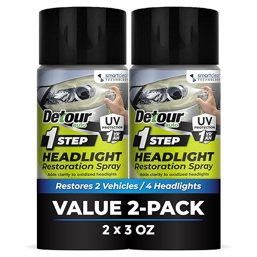Detour 1-Step Headlight Restoration Spray - 2-in-1 Cleaner & Restorer for Plastic Car Headlights, Quick & Easy, Long-Lasting UV Protection, No Sanding or Tools Required, 3 oz, (2 Pack)