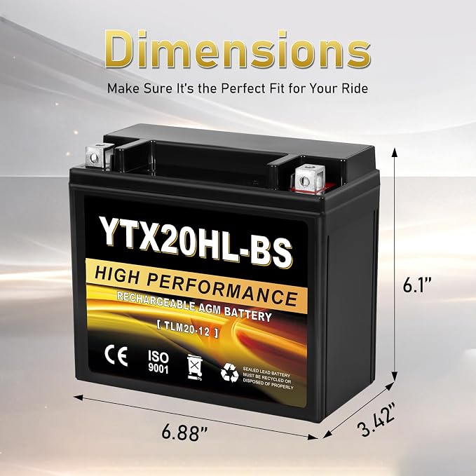 YTX20HL-BS 12V 20Ah AGM Sealed Motorcycle Battery, Maintenance-Free, Compatible with Harley Davidson, Honda, ATV, UTV, Snowmobile Replacement