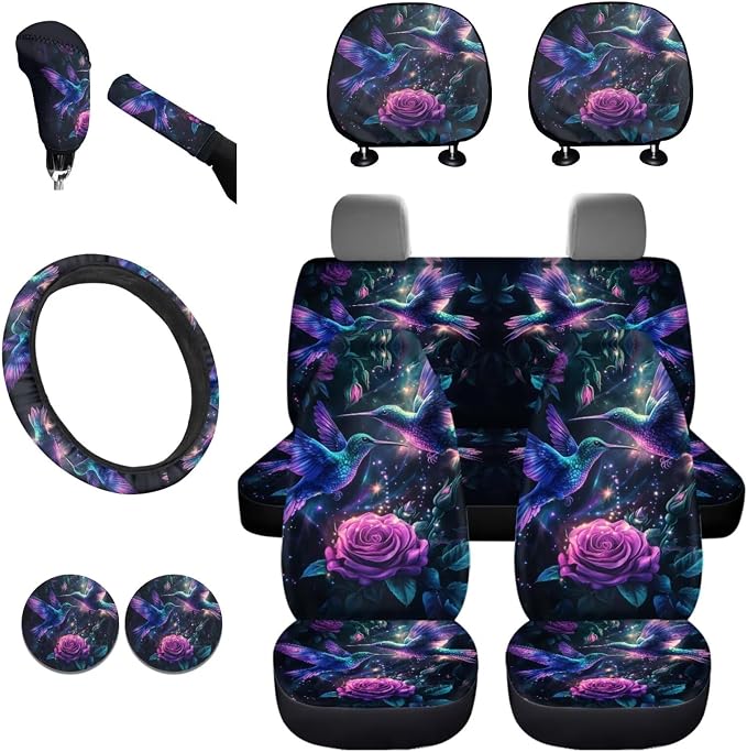 KEIAHUAN Purple Rose Hummingbird Car Seat Cover Full Set for Women with Steering Wheel Cover/Cup Coasters/Gear Shift & Handbrake Cover/Headrest Cushion Pads Fit Most Van Sedan Truck SUV