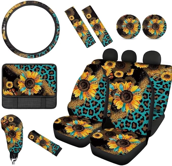 Wanyint Leopard Sunflower Print Car Seat Cover Split Covers for Women Men,Car Steering Wheel Cover Seatbelt Strap Shoulder Cover Coasters Armrest Pad Handbrake Cover Gear Shift Cover