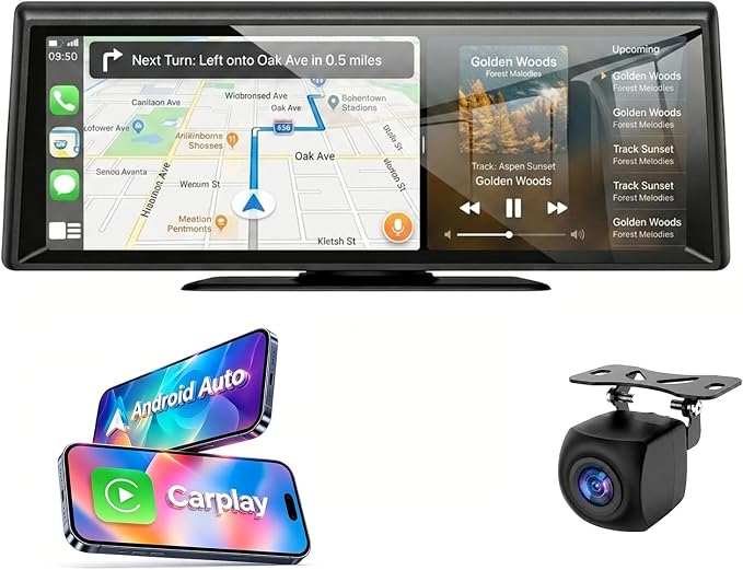 8.1" Portable Wireless CarPlay Stereo with 2K Dash Cam & 1080P Backup Cam | Wireless CarPlay/Android Auto, Voice Control, Split Screen, Plug & Play, 2K Dash Cam + 1080P Rear Cam