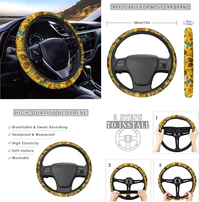 Hummingbird Sunflower Automotive Seat Covers for Women,Yellow Flower Steering Wheel Cover Seat Belt Pad Armrest Pads Car Coasters,12Pcs Hummingbird Car Accessory Protector