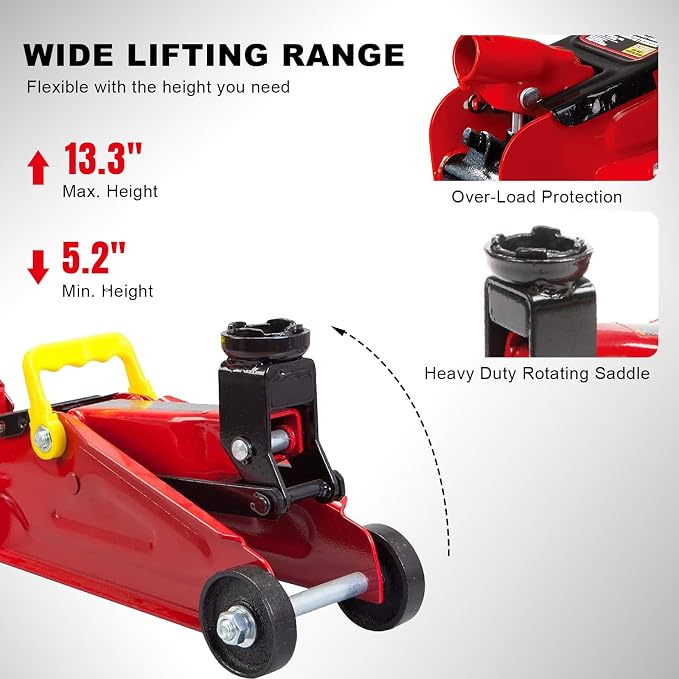 BIG RED 2 Ton Hydraulic Floor Jack, 4000 lbs Capacity Low Profile Trolley Service Jack with 5.2"-13.3" Lifting Range, Heavy Duty Steel Car Jack for Sport Utility Vehicle, Cars, Red