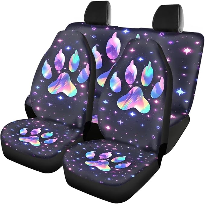 18 Pcs Car Accessories Set for Women, Colorful Stars Dog Paw Print Design, Car Seat Covers with Steering Wheel Cover Floor Mats Seat Belt Pads Armrest Pad Handle Gloves Coasters Keychains