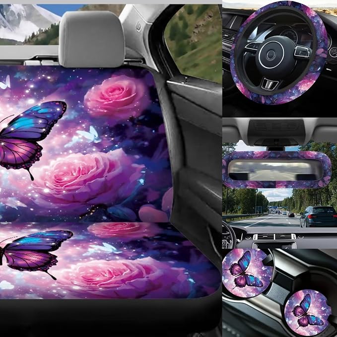Butterfly Car Seat Covers Full Sets of 17 Pack,Butterfly Car Aaccessories with Auto Trash Garbage Bag,Roses Car Seat Head Rest Protector Universal Automotive Interior Decoration