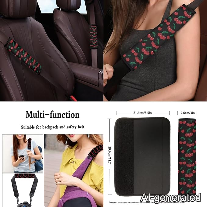 Red Cherry 12 Pack Car Seat Covers Full Set Steering Wheel Cover Car Center Console Cover Protector Cars Seat Belt Covers Hand Brake Cover Universal Fit for Cars SUV