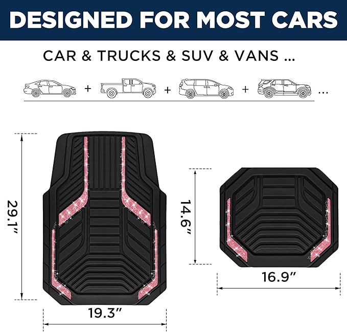 PIC AUTO Car Floor Mats, Hot Pink Sparkly Crystal Bling Glitter Car Mats Set, Front and Rear Heavy Duty Rubber Car Mats with Anti-Slip Backing, All Weather, Trim-to-Fit for SUVs, Trucks, Sedan, Vans