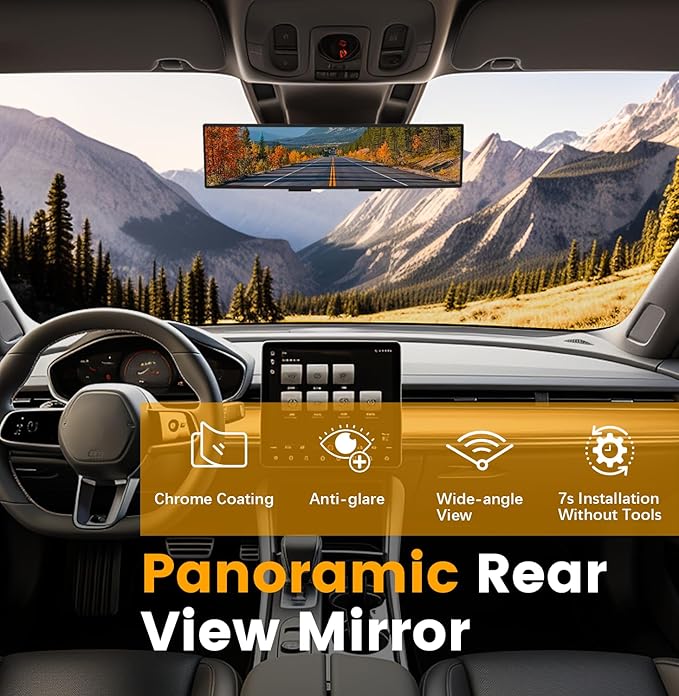 Rear View Mirror, Chrome Anti-glare Panoramic Rear Mirrors Universal 12 Inch Convex Car Interior Clip on Extra Big Wide Angle Rearview Mirror Extender to Reduce Blind Spot for Car SUV Trucks