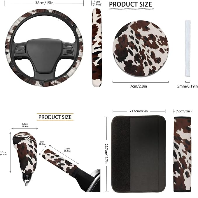 Tupalatus Brown Cow Print 9 Pieces Universal Car Accessories Set Front Car Seat Covers Steering Wheel Cover Auto Seat Belt Cover Coasters Gear Shift Cover Hand Brake Cover