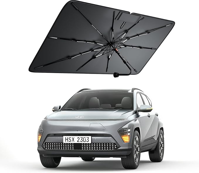 Windshield Sun Shade for Hyundai Kona/Ioniq 5 2018–2026, Foldable Umbrella Sunshade with 100% UV Block, Multi-Layer Heat Insulation, Reinforced 10-Rib Frame, Keeps Car Cooler