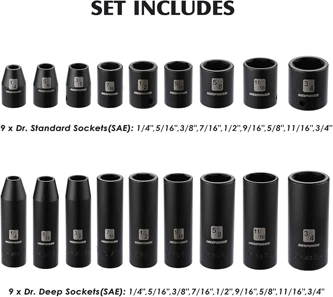 MIXPOWER 3/8'' Drive Master Impact Socket Set, 87-Piece Deep & Standard SAE and Metric,CR-MO, 1/4-Inch to 3/4-Inch and 6-19 mm, Impact Universal Sockets, Inverted Star Sockets, Extension Bar & Adapter