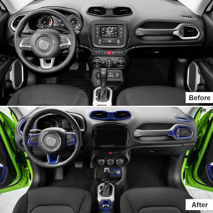 CheroCar 31 PCS Full Set Interior Decoration Trim Kit Steering Button Cover Door Handle Cover Air Outlet Cover Cup Holder Gear Cover Trim Door Speaker Cover for Jeep Renegade 2016-2018,Blue…