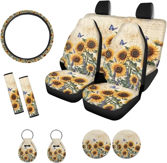 Xoenoiee Vintage Sunflower and Butterfly Car Seat Cover Front & Rear Seat Cover with Steering Wheel Cover + Seat Belt Cover+ Cup Coasters+ Key Chains Universal Fit for Van Truck SUV