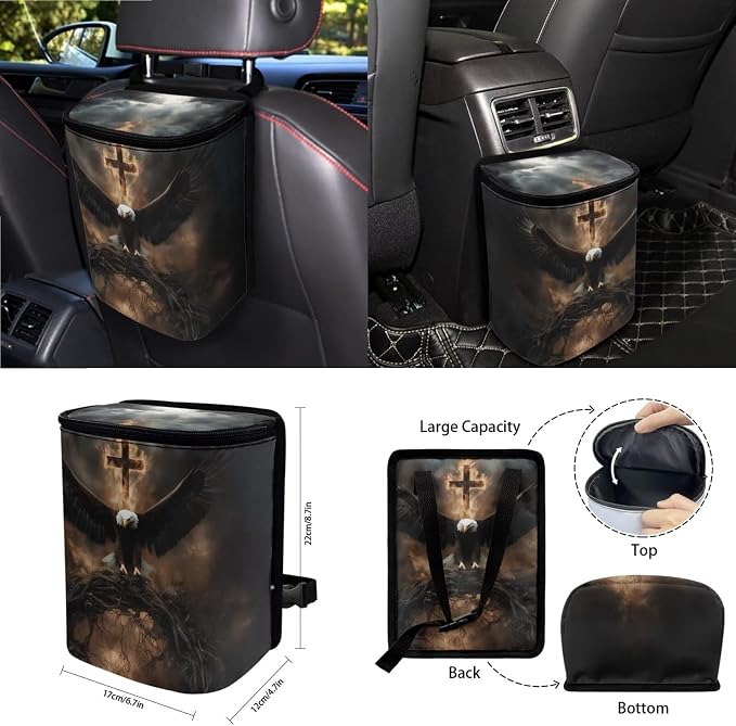 Eagle Cross Pattern 15 PCS Car Interior Accessories, Car Seat Covers + Steering Wheel Cover + Seat Belt Pad + Trash Can + Keychain + Air Vent Storage Bag + Coasters