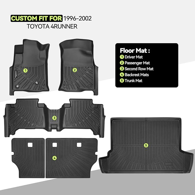 Tongama-Floor Mats for 1996 1997 1998 1999 2000 2001 2002 Toyota 4Runner, All Weather TPE Floor Liners and Trunk Mat and Backrest Mats Protectors for Toyota 4Runner Interior Waterproof Accessories