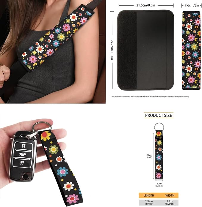Colorful Floral Car Seat Covers Full Set for Women Cute Car Accessories Interior Car Steering Wheel Cover Seatbelt Covers Trash Bin Rear View Mirror Cover Cup Holders Keychain