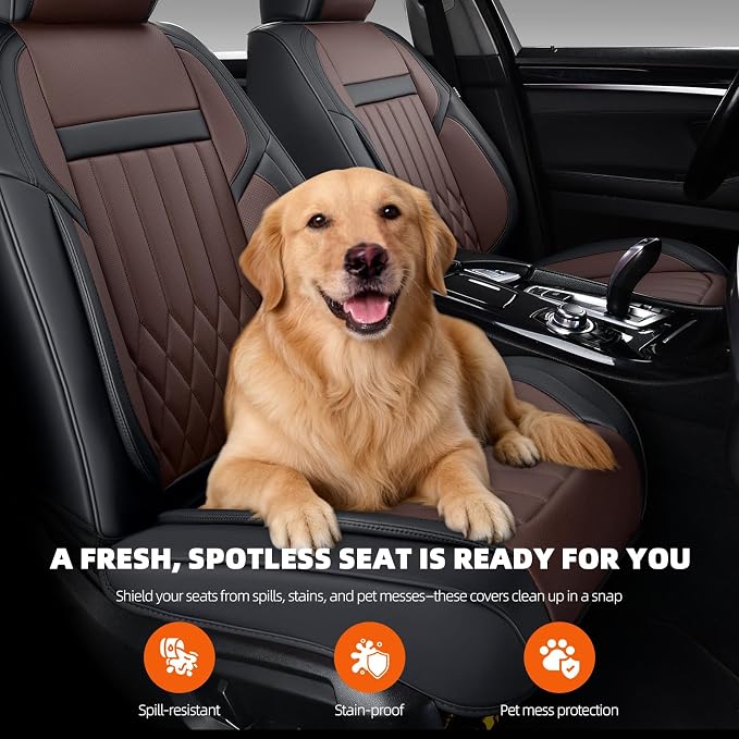 2-Seater Waterproof and Breathable Nappa Leather Car Seat Covers Full Set, Fit for Front Seats of Cars, Compatible with Airbags, Car Seat Protector Covers for Most Cars - Black Coffee
