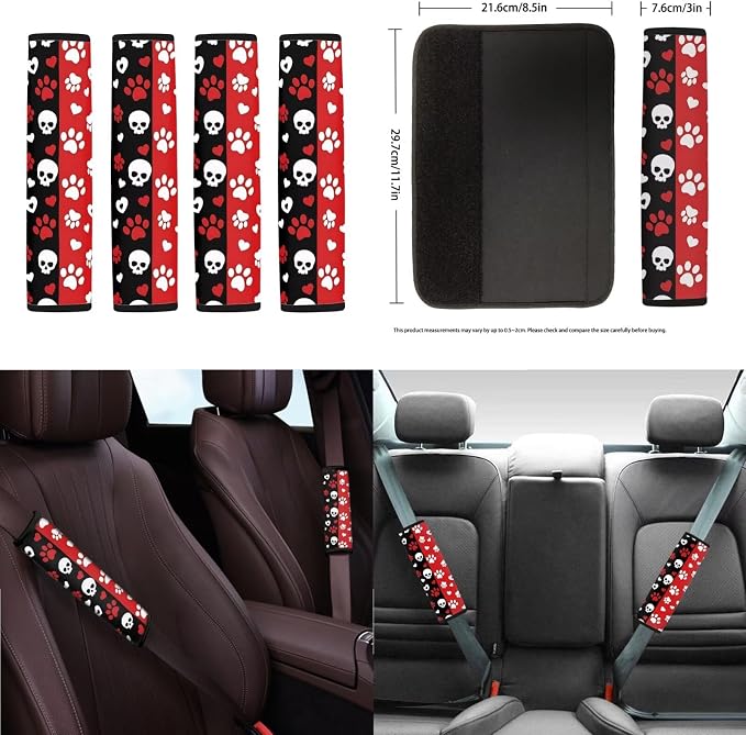 Dog Paw Print Car Seat Covers Set of 18 Skull Love Print Car Front Rear Seat Covers Headrest Protectors Steering Wheel Cover Safety Belt Pads for SUV Sedan, Easy to Install