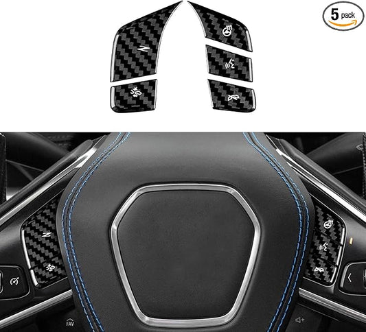 Steering Wheel Button Covers with Real Carbon Fiber - 5PCS for C8 Steering Wheel Button Stickers with Heating and Voice Control Button, for Corvette C8 2024 2025 Accessories (Black)