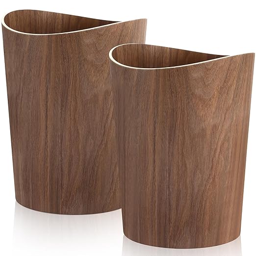 Threehoney 2 Pack 2.3 Gallons Wood Trash Can Wastebasket Natural Wood Round Wastebasket Small Trash Bin for Home, Office Under Desk, Kitchen, Bedroom, Den, Hotel, Room (Dark Wood,Wavy)