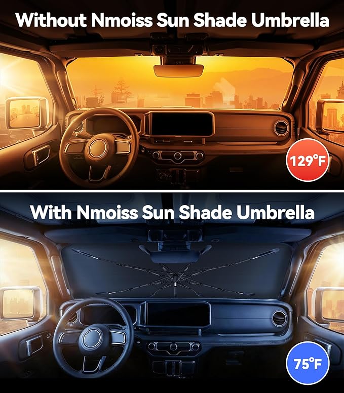Nmoiss Windshield Sun Shade Umbrella for Jeep Wrangler & Gladiator - [Vinyl Coating Heat Shield] Protect Car from Sun Rays & Heat Damage Keep Cool and Protect Interior, Spring Structure Edge