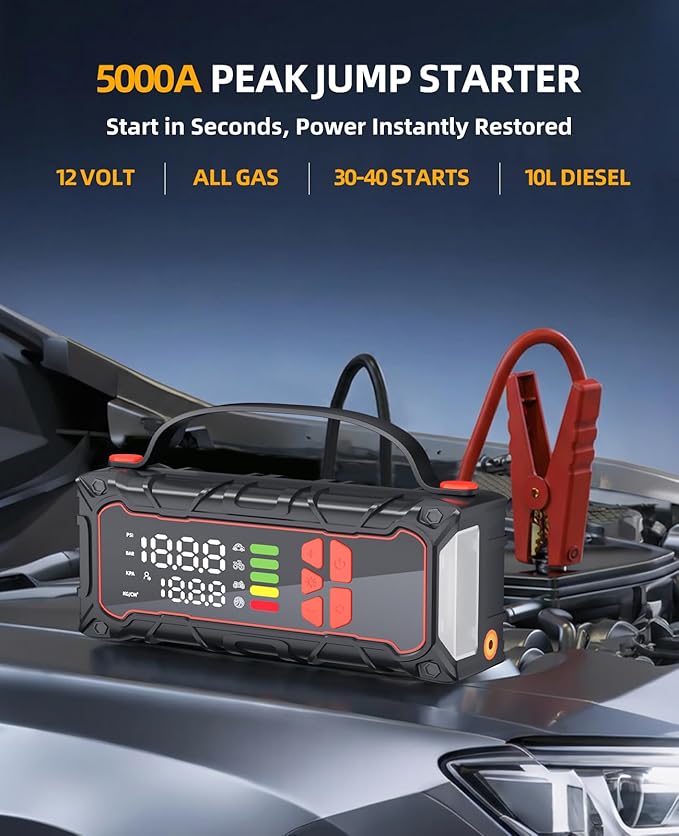 5000A Car Battery Jump Starter with Air Compressor 160PSI, Car Battery Charger 7.0L Gas/6.0L Diesel, Jumper Box for Car Battery with Tire Inflator & Power Bank& Jumper Cables