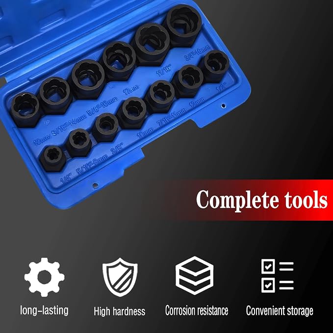 14PCS Twist Lug Nut Socket Set - 3/8 inch Drive Damaged Nut Lock Remover Extractor - Rusted & Stubborn Locking Nut Removal Tool Kit Center Punch Bar