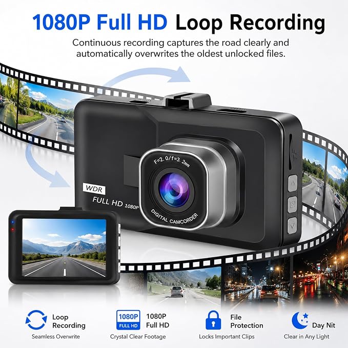 3-inch 1080p High-Definition Dash cam for Cars, 24 Hour Recording, 170° Large Wide-Angle,Super Night Vision, G-Sensor Parking Monitoring Loop Video Motion Detection
