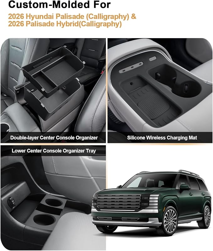 Center Console Set For 2026 Hyundai Palisade - 3 Pcs Double-Layer Armrest Box Organizer + Lower Console Tray + Cup Holder Wireless Charging Cover For 2026 Palisade Hybrid - Only Fit Calligraphy Trim