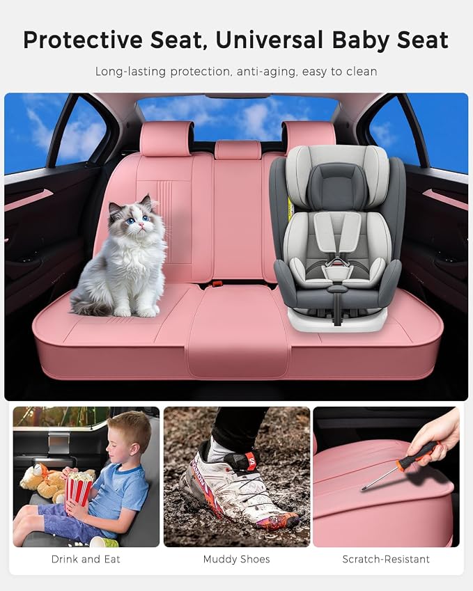 Huidasource Pink Rear Seat Covers, Nappa Leather Back Seat Covers with Ventilation Holes, Velcro Adjustable, Compatible with Seat belts, Child Safety Seats, Universal Fit for Most Cars SUV Truck, Pink