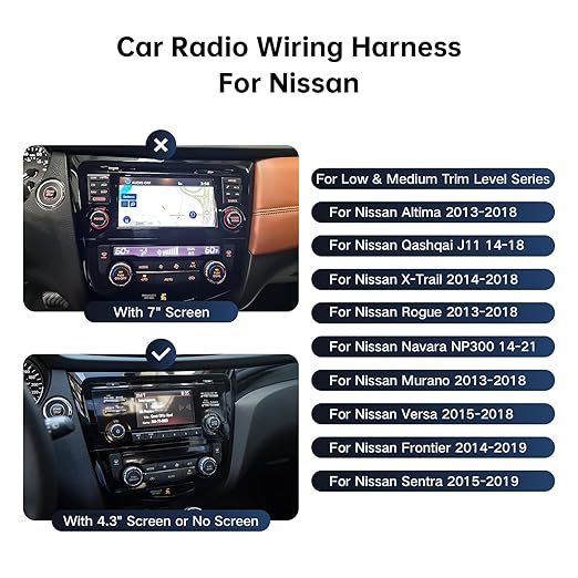 Car Radio Wiring Harness for Nissan Rogue, Altima 13-18, Qashqai X-Trail Frontier Sentra 14-18, 16 PIN Stereo Wire Cable Fit Aftermarket Android Head Unit, Retain SWC, Backup Camera, Bose AMP
