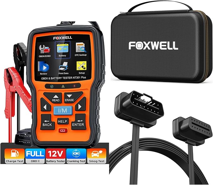 FOXWELL NT301 Plus 2 IN1 OBD2 Scanner Battery Tester with Case with OBD2 Extension Cable