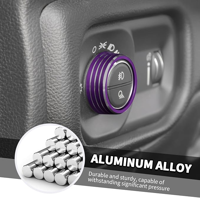 Jimen for Ram Center Console Knob Covers, 7PCS AC Air Conditioner Audio Volume Button & Headlight Switch & 4WD Shifter Knob Ring Trim Fit for Dodge Ram 2018-2025 (Purple)