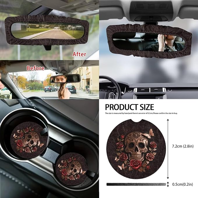 Skull Rose Print Automotive Seat Covers Full Set Includes Car Front and Rear Seat Covers Steering Wheel Cover Armrest Cushion Safety Belt Pads Cup Coasters, etc, Easy to Install
