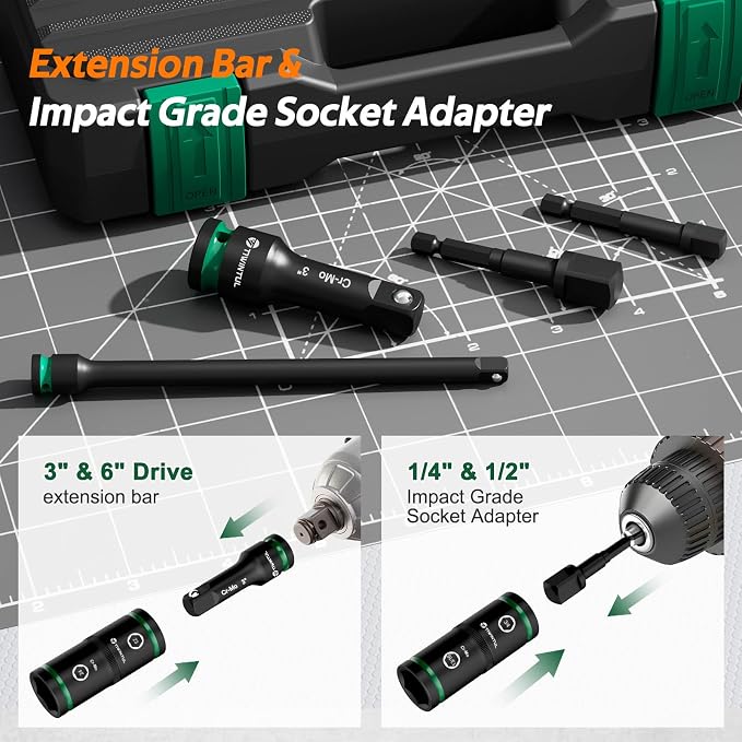 Lug Nut Impact Socket Set, 14Pcs 1/2" & 1/4" Metric & SAE Socket Set, CR-MO Steel, 20-IN-10 Deep Flip Socket Set, Thin Wall Wheel Protector Nut Socket with Extension Bar & Adapter