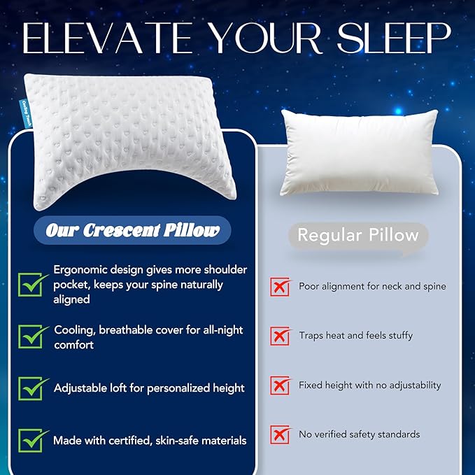 Side Sleeper Pillows for Neck & Shoulder Comfort - Ergonomic Curved Crescent Design, Adjustable Shredded Memory Foam, Cooling & Soft Cover, Extra Fill Included, Queen Size Pillows Set of 2