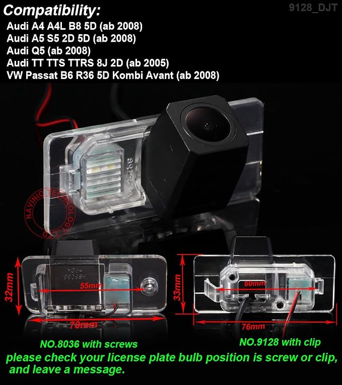 HD IP68 1280Pixels Auto 170° License Plate Light Rear View Reversing Backup Camera Parking Aids System Compatible with Audi A4 A4L B8 5D/A5 S5/Q5 /TT TTS TTRS 8J 2D/V W Passat B6 R36 5D Kombi Avant