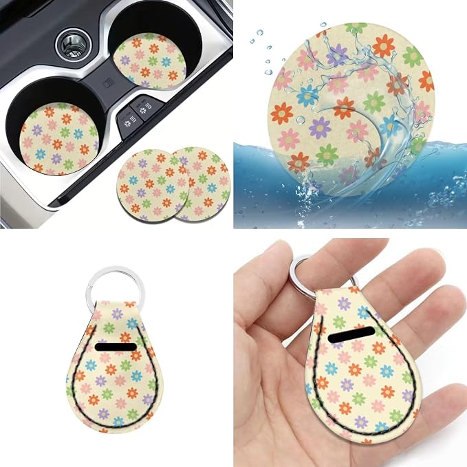 Vintage Groovy Rainbow Flower Car Seat Covers Full Set,Floral Cute Steering Wheel Cover Universal 15Inch,Armrest Pad Key,Seatbelt Pad,Coasters,12Pcs Aesthetic Hippie Car Interior Set for Women