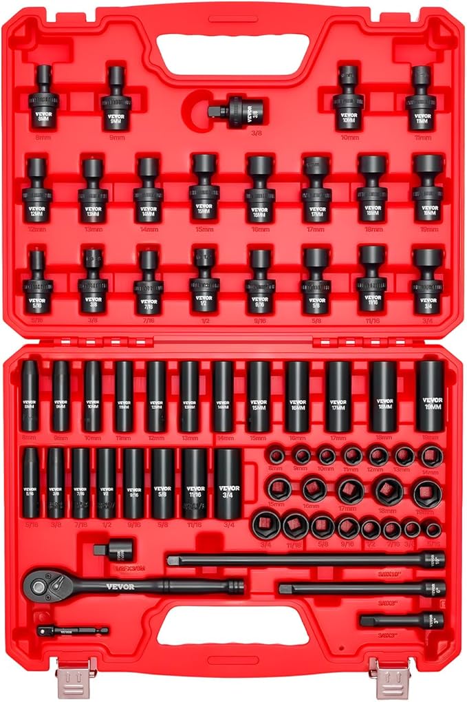 VEVOR Impact Socket Set 3/8" Drive, 67 PCS, CR-MO Swivel Sockets, SAE 5/16"-3/4" & Metric 8-19mm, 6 Point Shallow & Deep, Ratchet Handle, Extension Bars, Adapters, Universal Joint