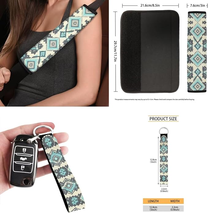 Aztec Style Print Car Seat Covers Set of 15 with Universal Steering Wheel Cover, Rearview Mirror Cover, Car Trash Can, Seatbelt Pads, Cup Holder Coasters, Keychains