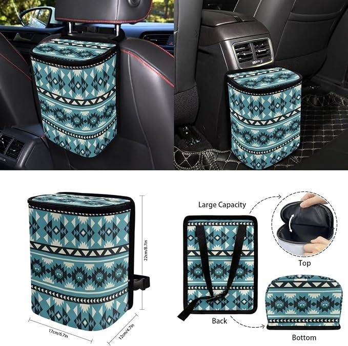 Southwestern Aztec Blue Car Seat Covers Set of 15 with Universal Steering Wheel Cover, Rearview Mirror Cover, Car Trash Can, Seatbelt Pads, Cup Holder Coasters, Keychains