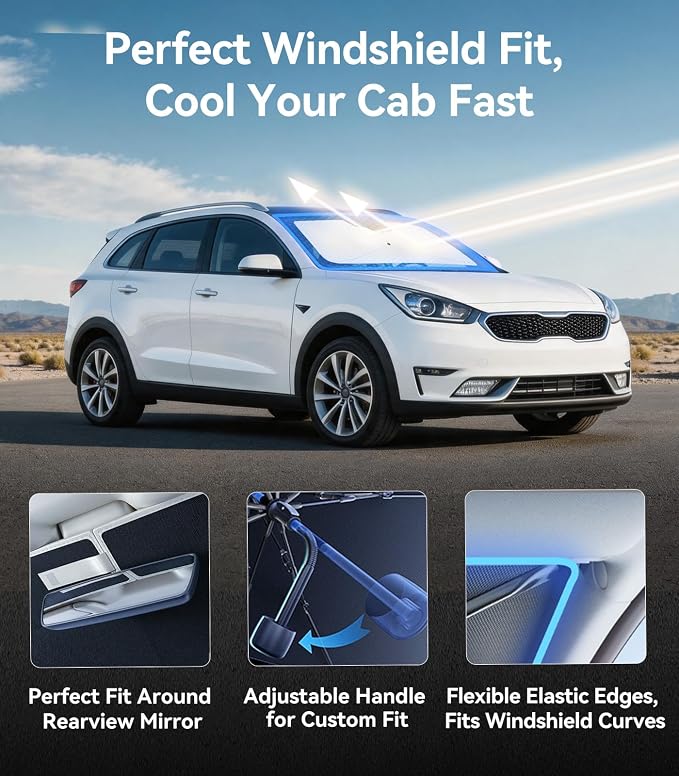 Nmoiss [Vinyl Coating Heat Shield] Windshield Sun Shade Umbrella Custom for Kia NIRO, Protect Car from Sun Rays & Heat Damage Keep Cool and Protect Interior