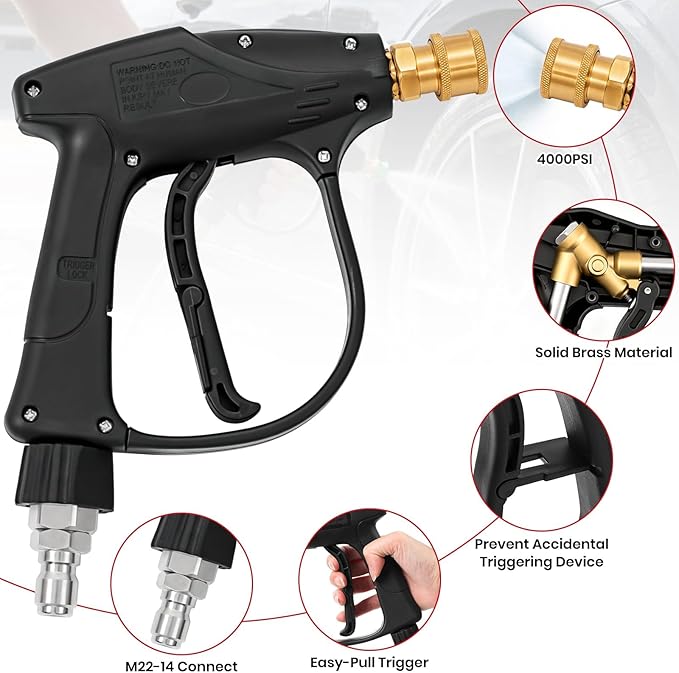 Short Pressure Washer Gun 4000 PSI with Swivel Quick Connect, 5 Nozzle Tips, 3/8" Inlet & M22-14mm Adapter, Foam Cannon Compatible for Gas Pressure Washer, Car Wash, Driveway, Patio