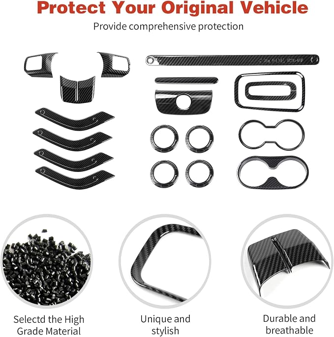 CheroCar 18PCS Interior Trim Kit for Jeep Wrangler JK JKU 2011-2018 4 Door,Steering Button Frame, Air Conditioning Vent Trim Cup Holder Cover,Gear Shift Knobs Frame,Carbon Fiber…