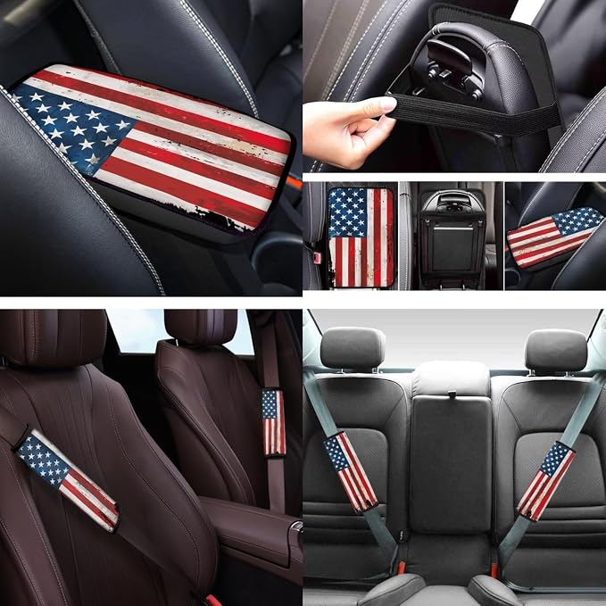 American Flag 12 Pcs Car Seat Cover Set with Auto Steering Wheel Cover Armrest Cushion Cup Coasters Protector Seat Belt Covers,Automotive Interior Sets Universal Fit Most Cars SUV